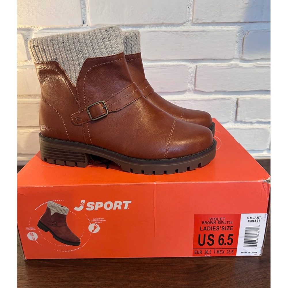 NWT JSport‎ Womens Violet Brown Boots with Knit Cuff Memory Foam Comfort Sz. 6.5